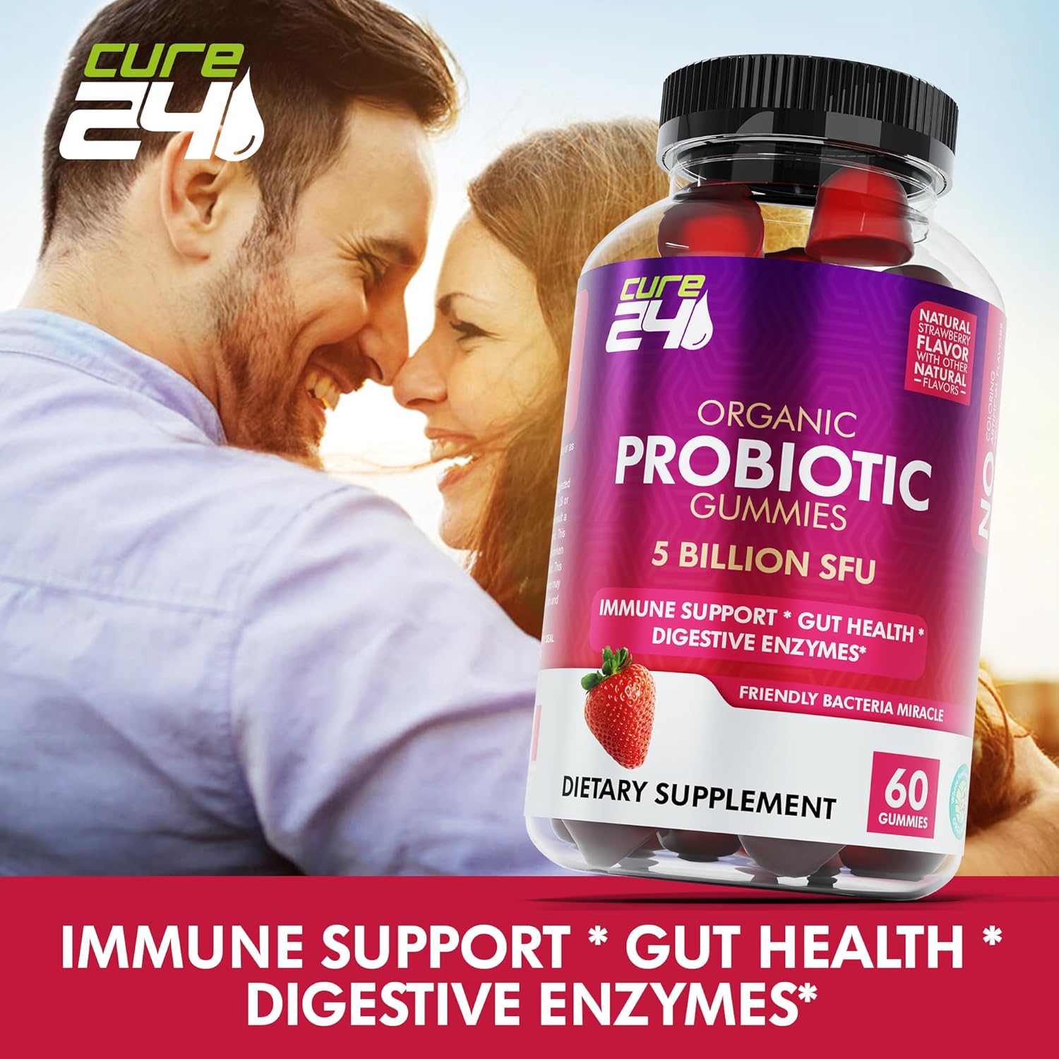 Organic Probiotic Gummies 5 Billion CFUs - Max Strength Supplement for Women & Men, Natural Strawberry Flavor - 60 Gummies - BoostGo Australia