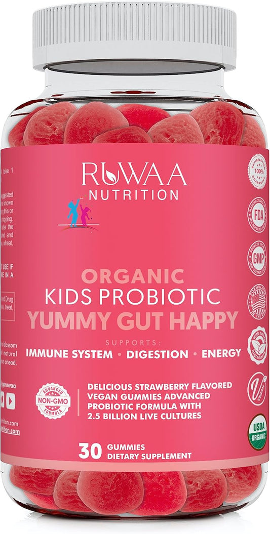 Organic Probiotic Gummies for Kids with Digestive & Immune Support - 2.5 Billion CFU, Strawberry Flavor - Chewable Probiotics for Children Ages 4+ - 30ct