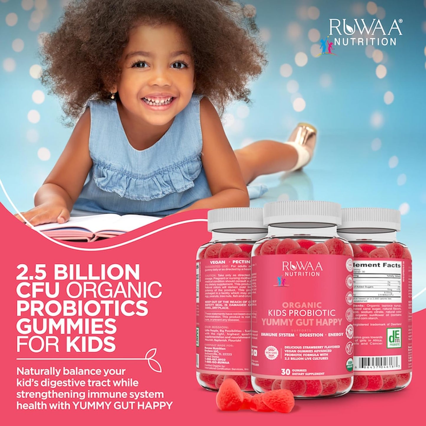 Organic Probiotic Gummies for Kids with Digestive & Immune Support - 2.5 Billion CFU, Strawberry Flavor - Chewable Probiotics for Children Ages 4+ - 30ct