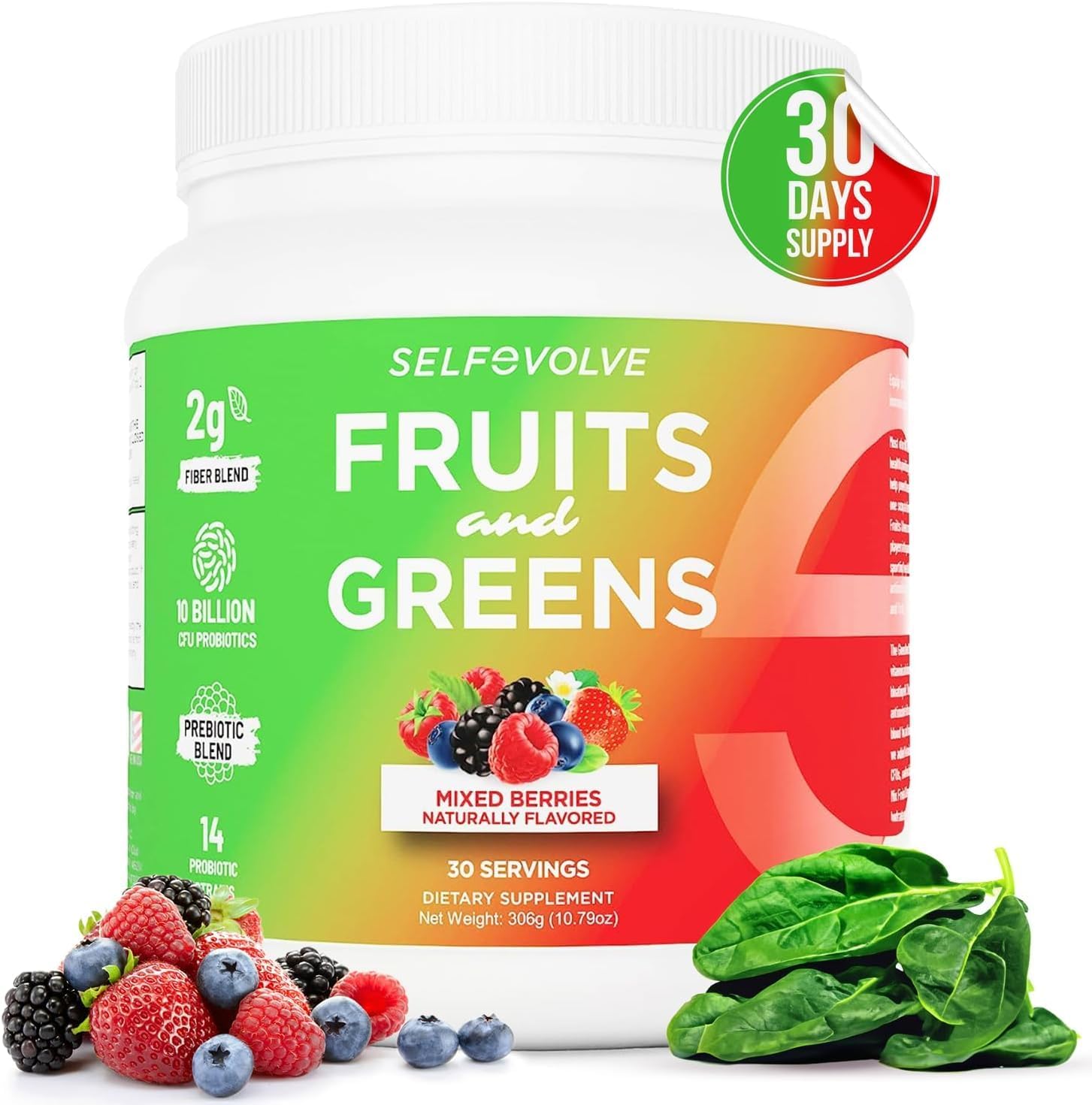 Organic Probiotic Powder with Fruits and Greens: 30 Servings, Vegan, 10 Billion CFUs, Spirulina, Kale, Spinach, Chlorella, Elderberry - Digestive Enzymes