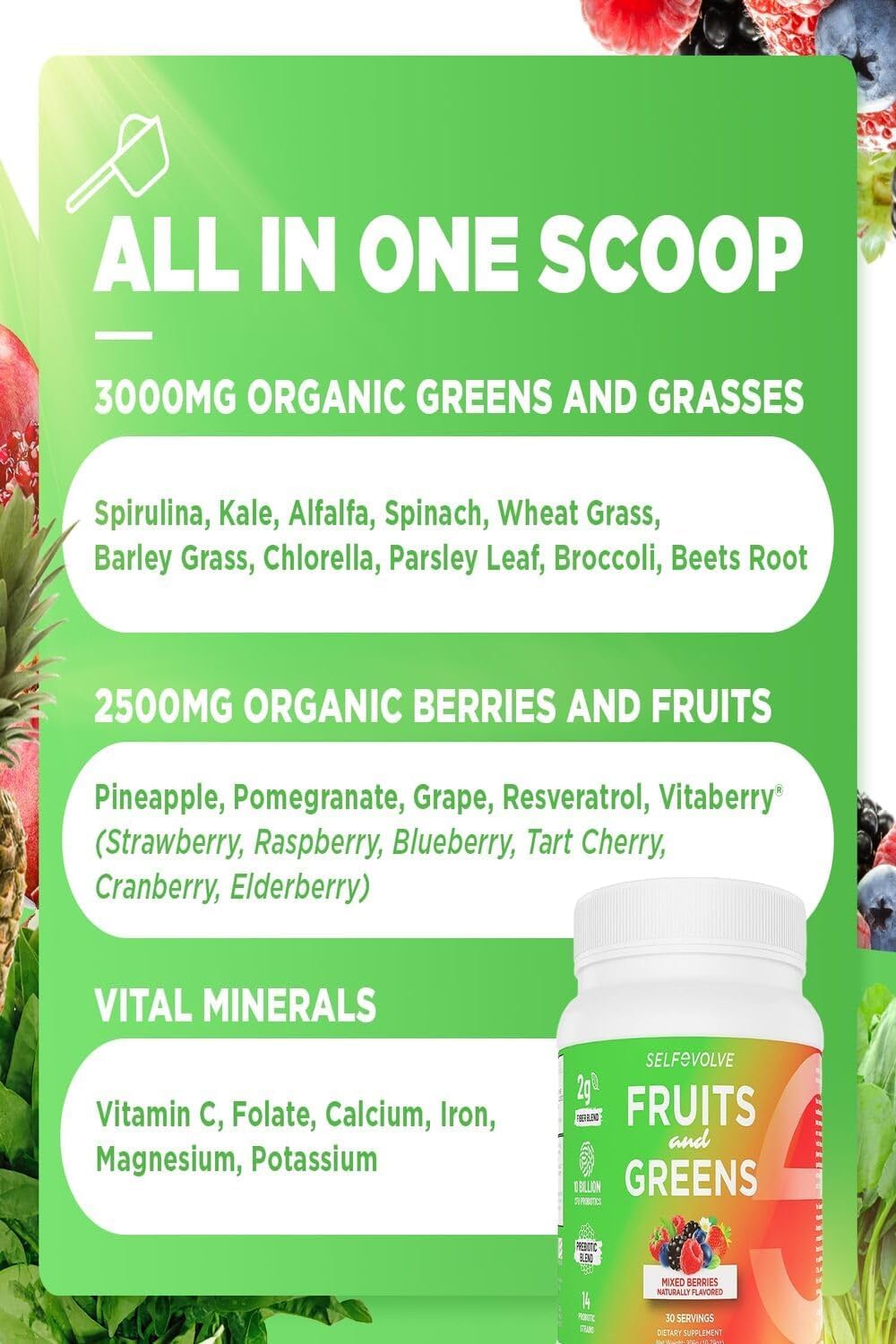 Organic Probiotic Powder with Fruits and Greens: 30 Servings, Vegan, 10 Billion CFUs, Spirulina, Kale, Spinach, Chlorella, Elderberry - Digestive Enzymes