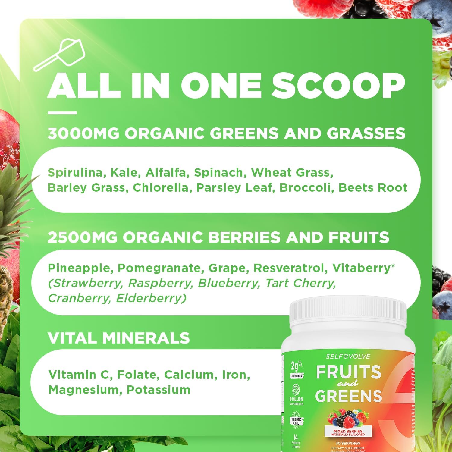 Organic Probiotic Powder with Fruits and Greens: 30 Servings, Vegan, 10 Billion CFUs, Spirulina, Kale, Spinach, Chlorella, Elderberry - Digestive Enzymes