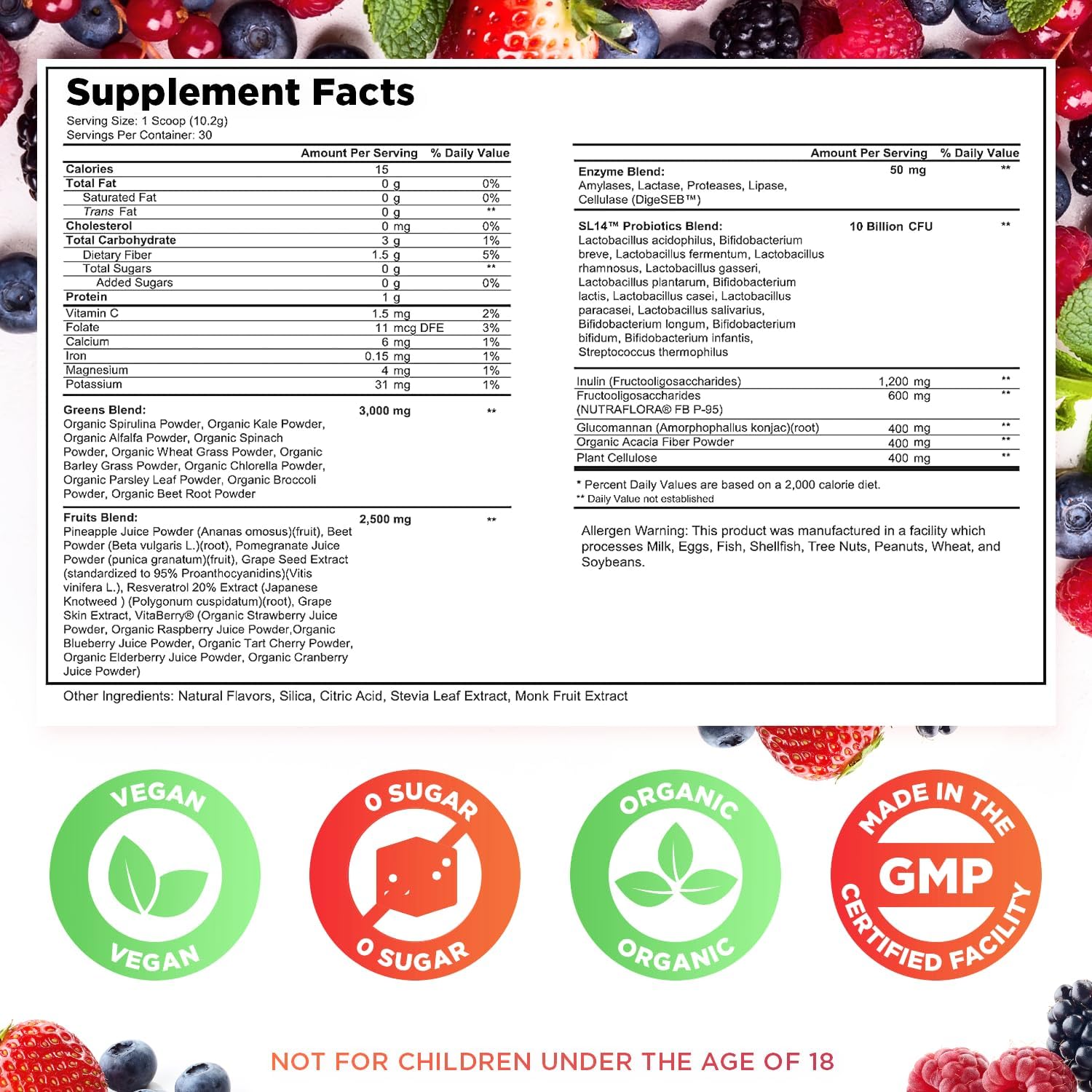 Organic Probiotic Powder with Fruits and Greens: 30 Servings, Vegan, 10 Billion CFUs, Spirulina, Kale, Spinach, Chlorella, Elderberry - Digestive Enzymes