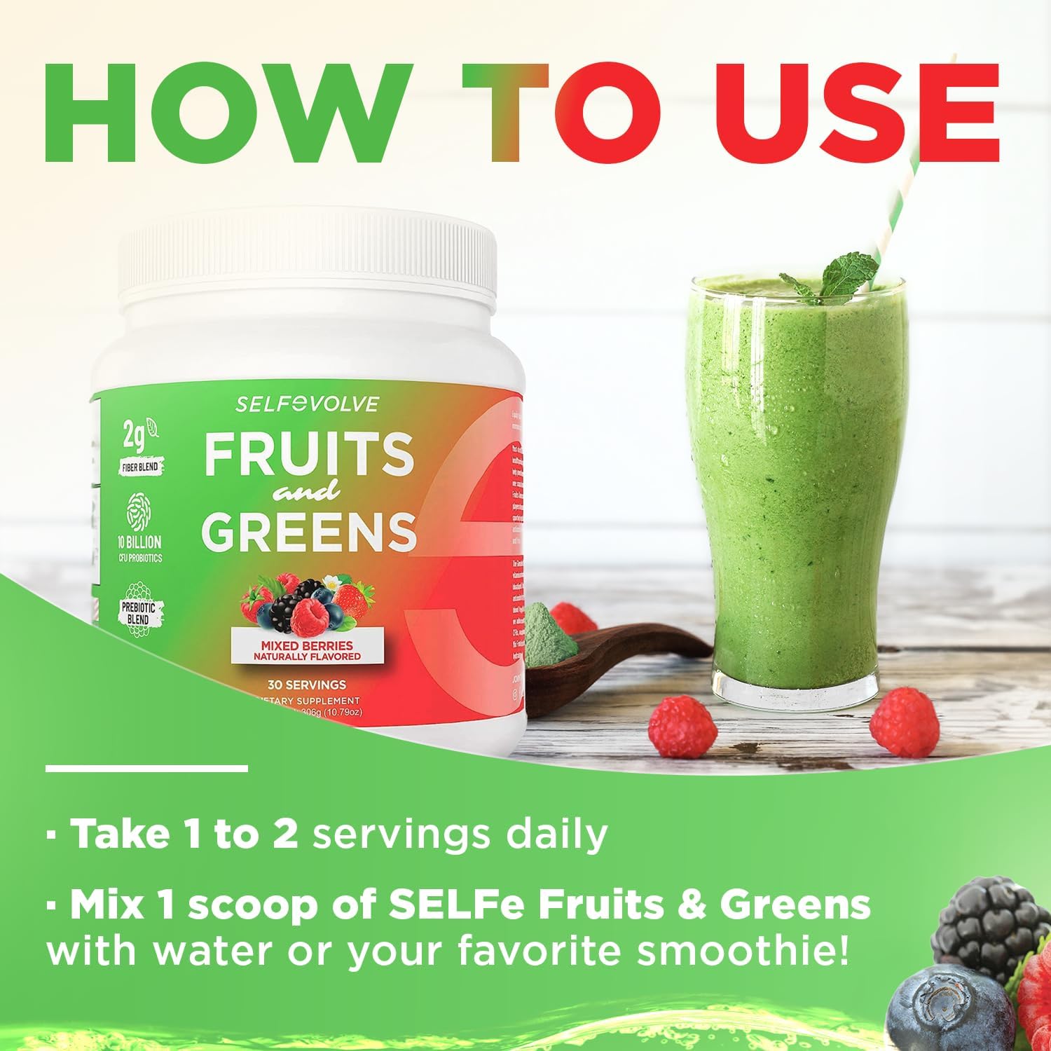 Organic Probiotic Powder with Fruits and Greens: 30 Servings, Vegan, 10 Billion CFUs, Spirulina, Kale, Spinach, Chlorella, Elderberry - Digestive Enzymes