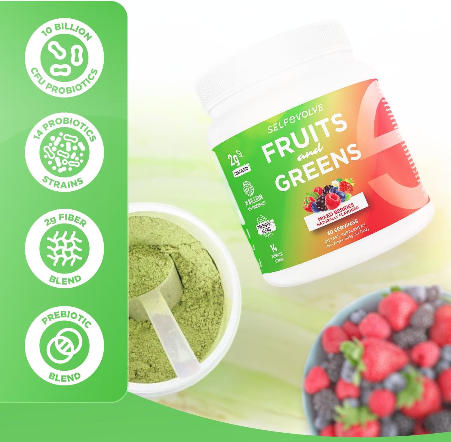 Organic Probiotic Powder with Fruits and Greens: 30 Servings, Vegan, 10 Billion CFUs, Spirulina, Kale, Spinach, Chlorella, Elderberry - Digestive Enzymes