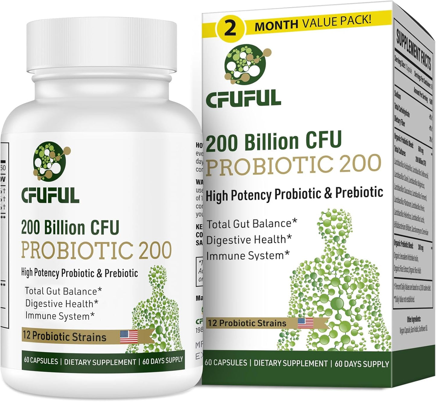 Organic Probiotics 200 Billion CFU for Digestive & Immune Health - 12 Strains w/ Prebiotics - 60 Capsules