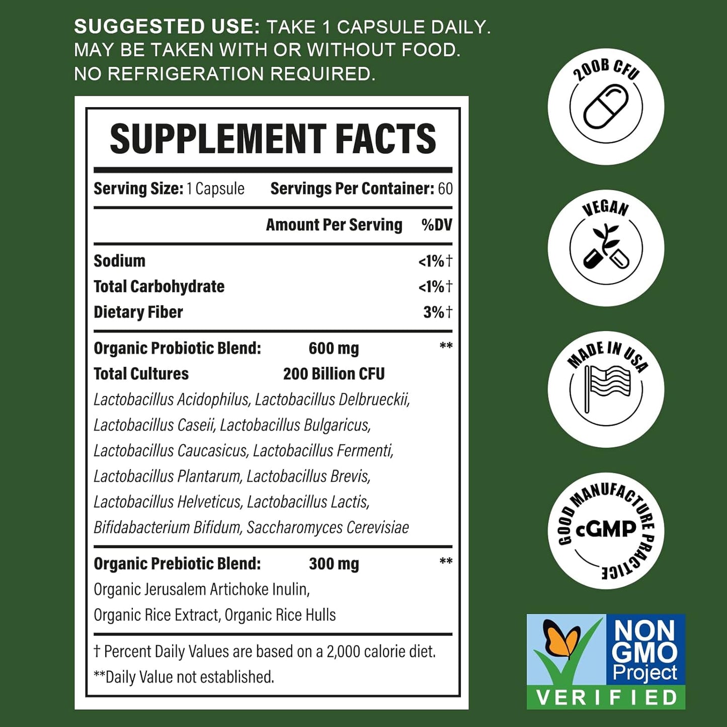 Organic Probiotics 200 Billion CFU for Digestive & Immune Health - 12 Strains w/ Prebiotics - 60 Capsules