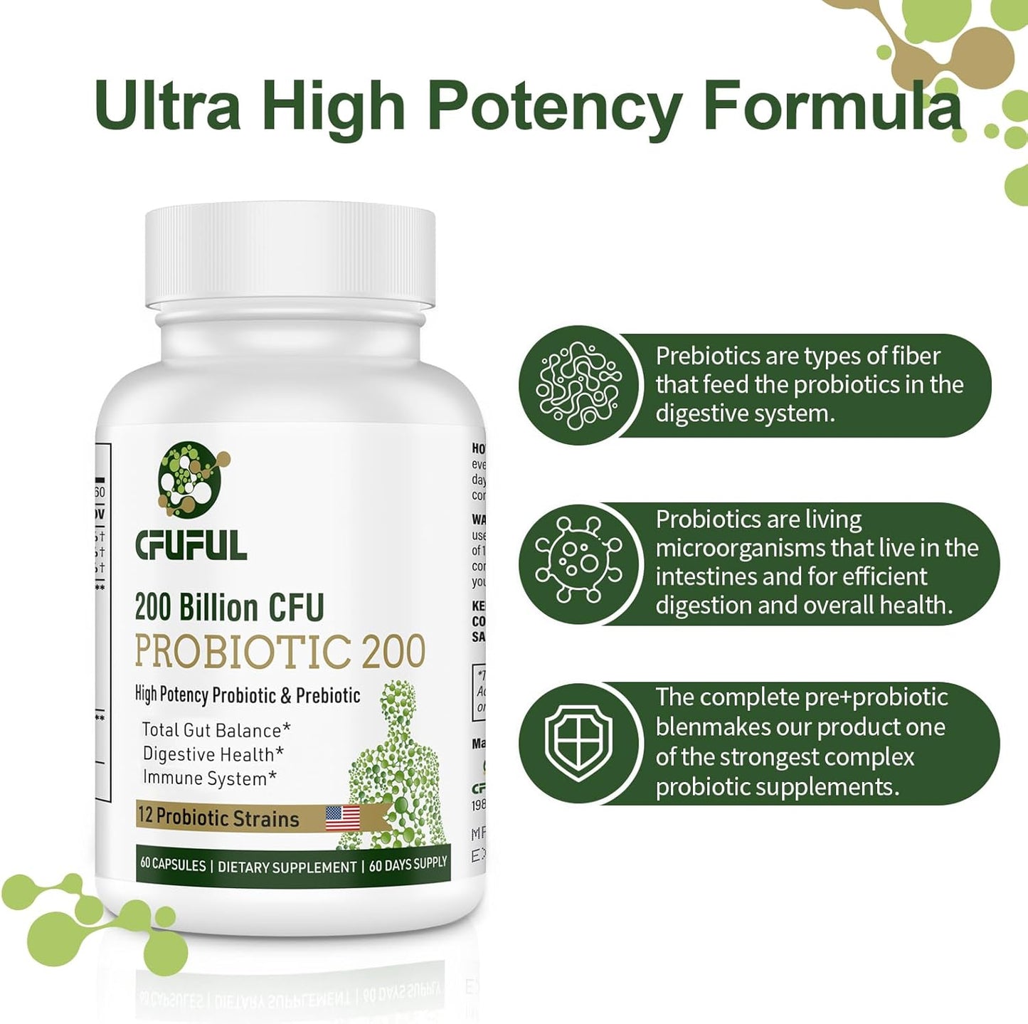 Organic Probiotics 200 Billion CFU for Digestive & Immune Health - 12 Strains w/ Prebiotics - 60 Capsules