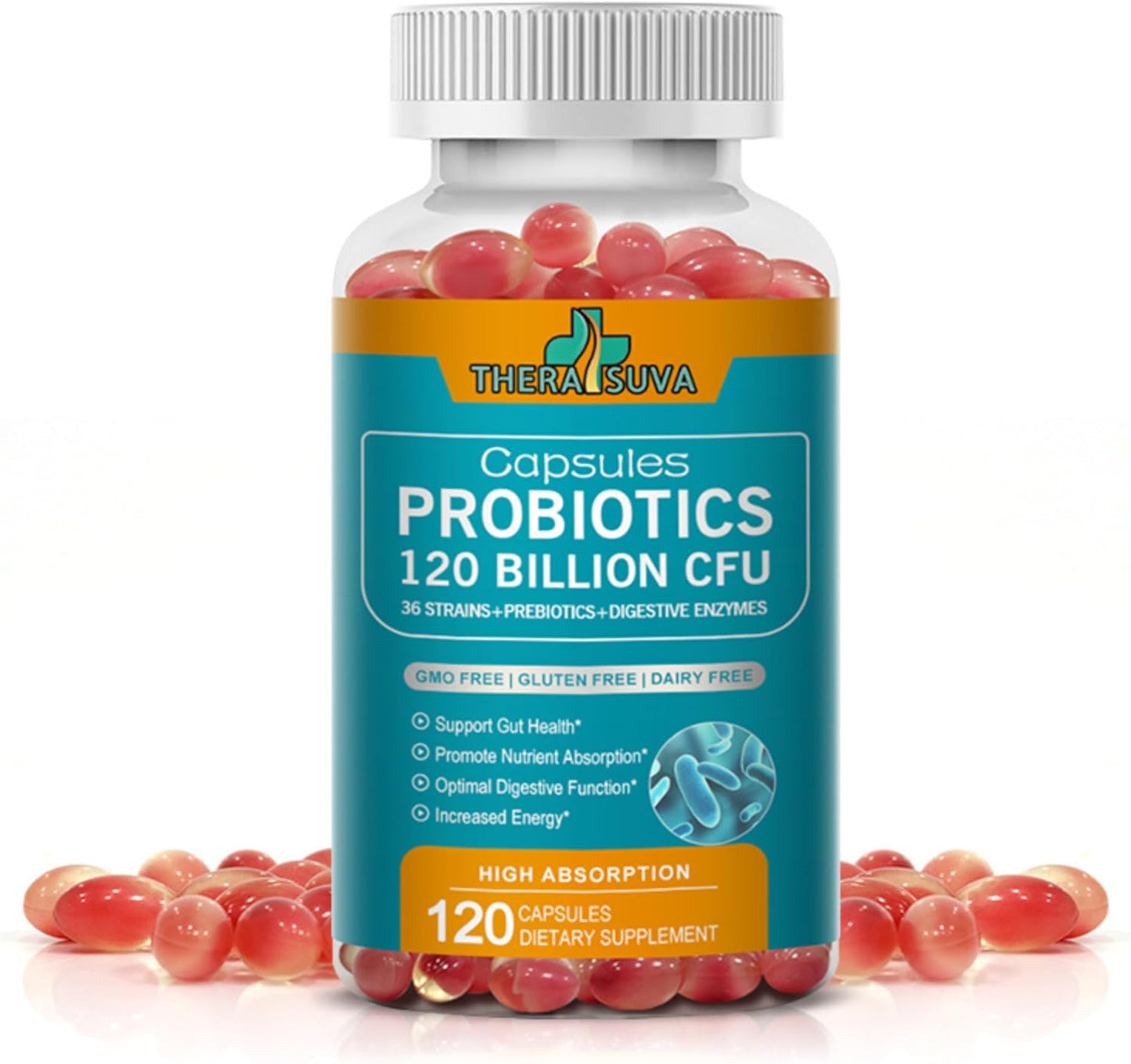 Organic Probiotics with Prebiotics, Digestive Enzymes, Whole Food Supplement - 120 Billion CFU, 36 Strains - 120 Softgels
