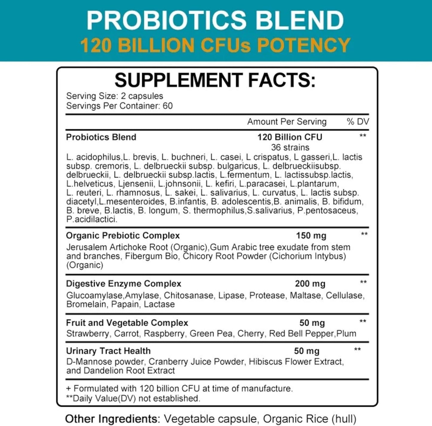 Organic Probiotics with Prebiotics, Digestive Enzymes, Whole Food Supplement - 120 Billion CFU, 36 Strains - 120 Softgels