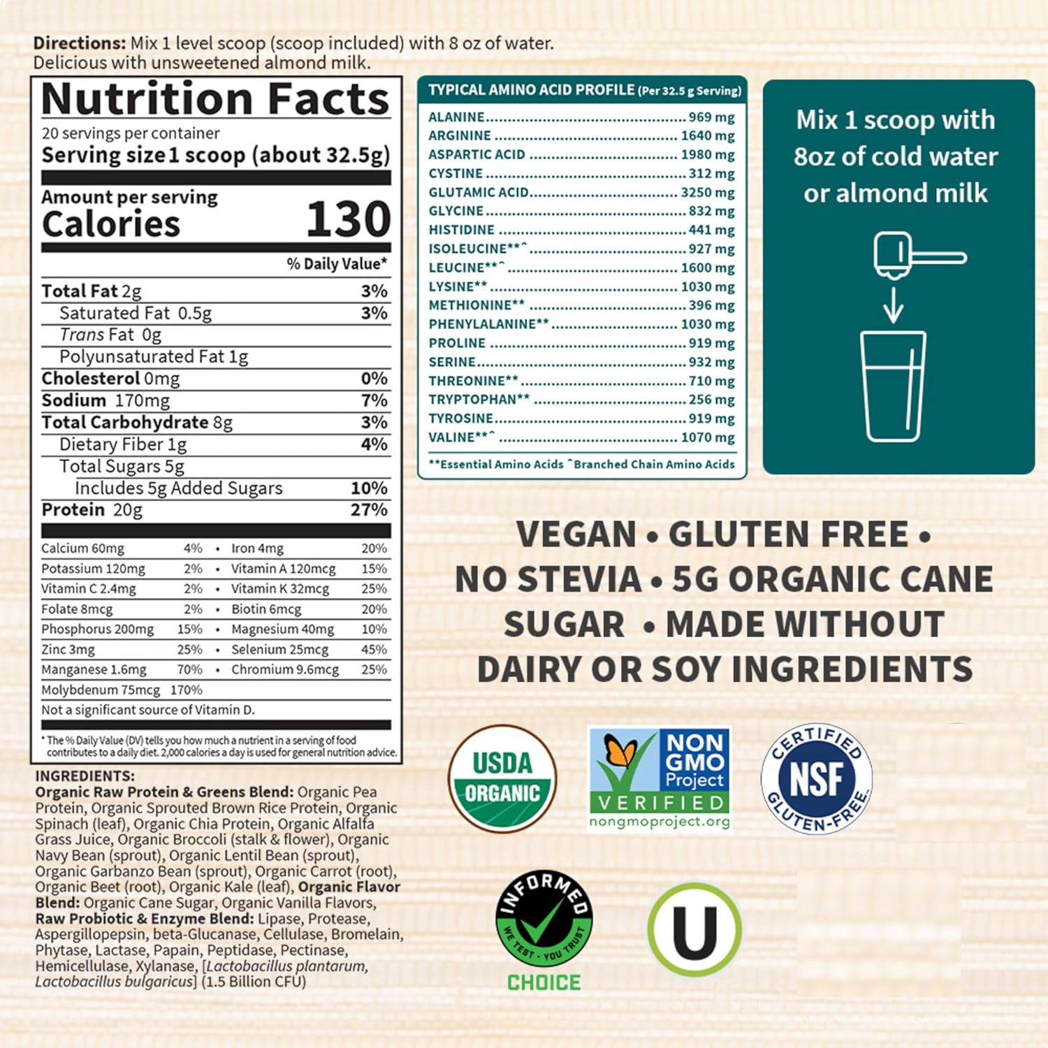 Organic Protein & Greens Vegan Powder for Women and Men, Plant-Based with Probiotics, Dairy & Gluten Free, Low Carb Shake