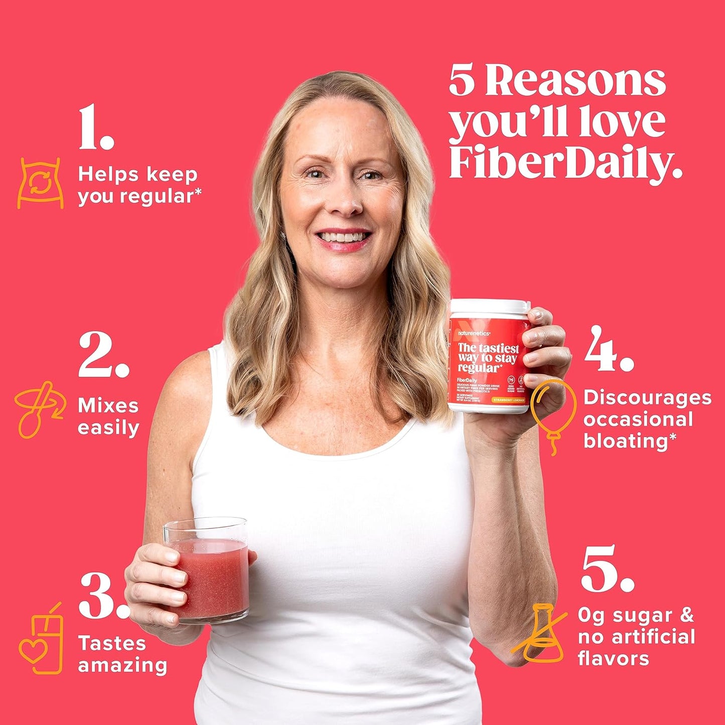 Organic Psyllium Husk Fiber Powder with Agave Inulin & Sunfiber®, Strawberry Lemonade Flavor, Sugar-Free - Prebiotic Vegan Supplement