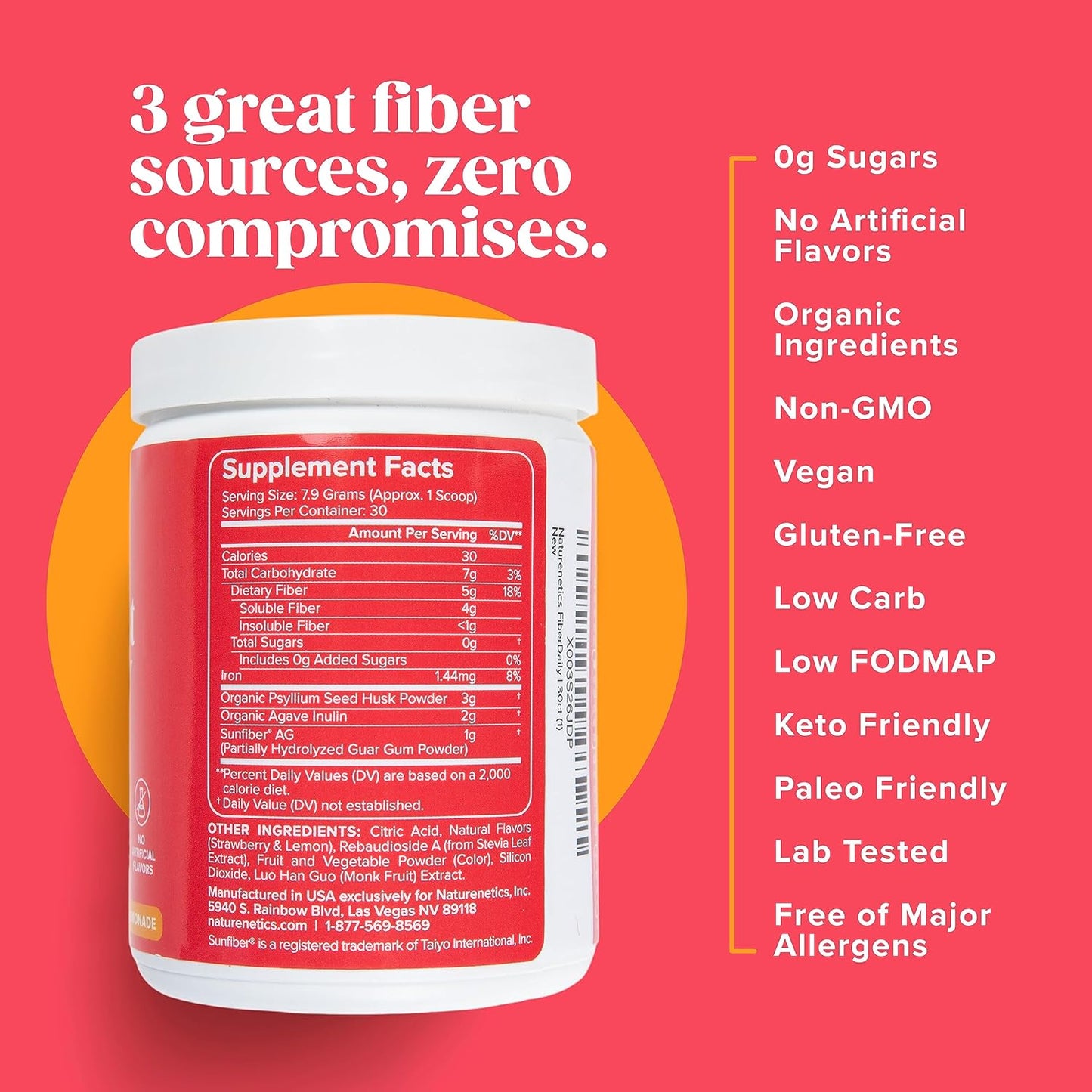 Organic Psyllium Husk Fiber Powder with Agave Inulin & Sunfiber®, Strawberry Lemonade Flavor, Sugar-Free - Prebiotic Vegan Supplement