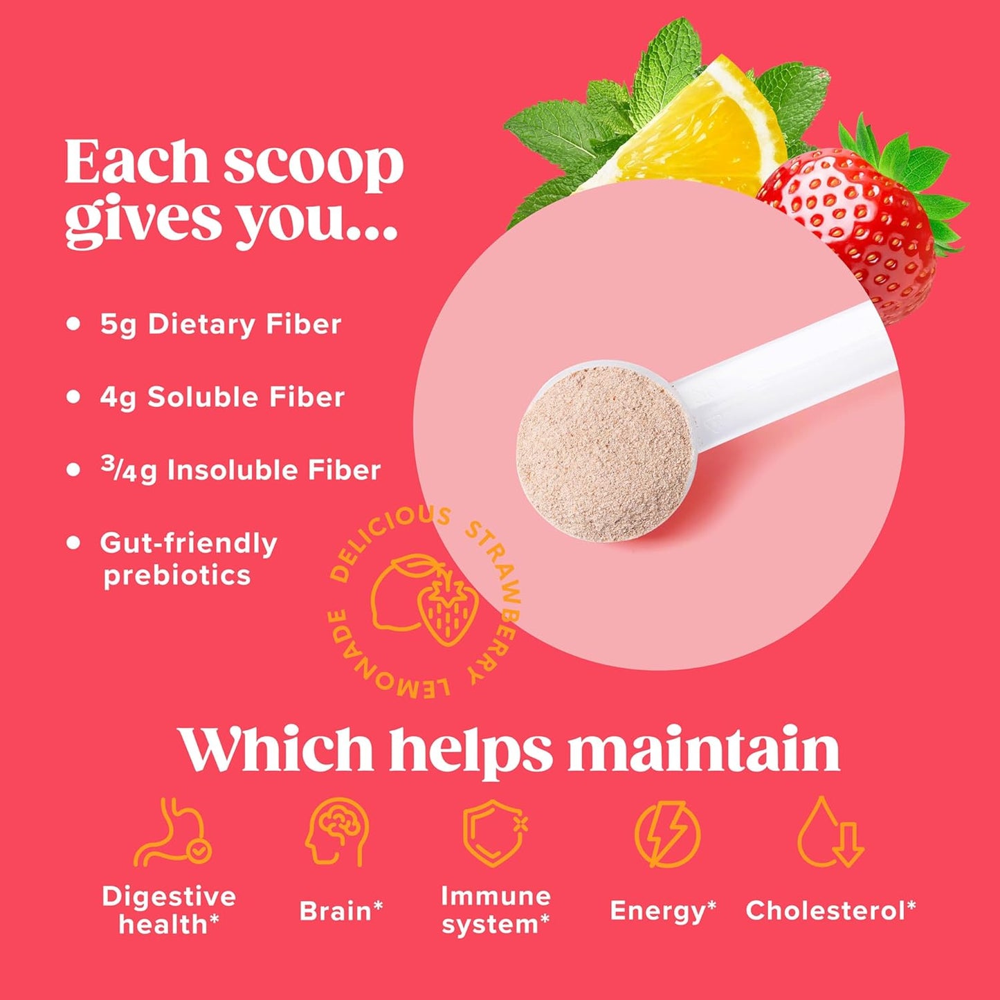 Organic Psyllium Husk Fiber Powder with Agave Inulin & Sunfiber®, Strawberry Lemonade Flavor, Sugar-Free - Prebiotic Vegan Supplement