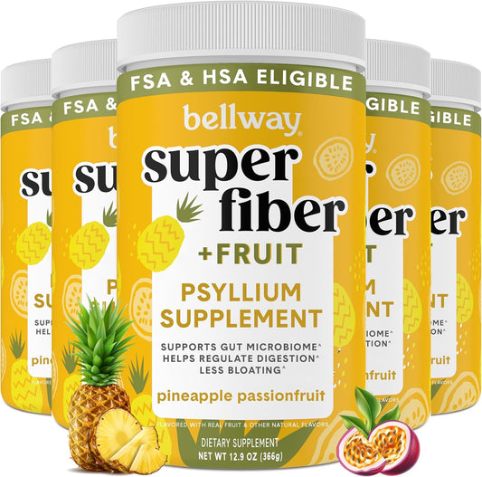 Organic Psyllium Husk Fiber Powder with Fruit Blend (5 Pack) - Plant-Based Supplement for Digestive Health, Regularity & Bloating Relief - Pineapple Passion Fruit Flavor - 250 Servings