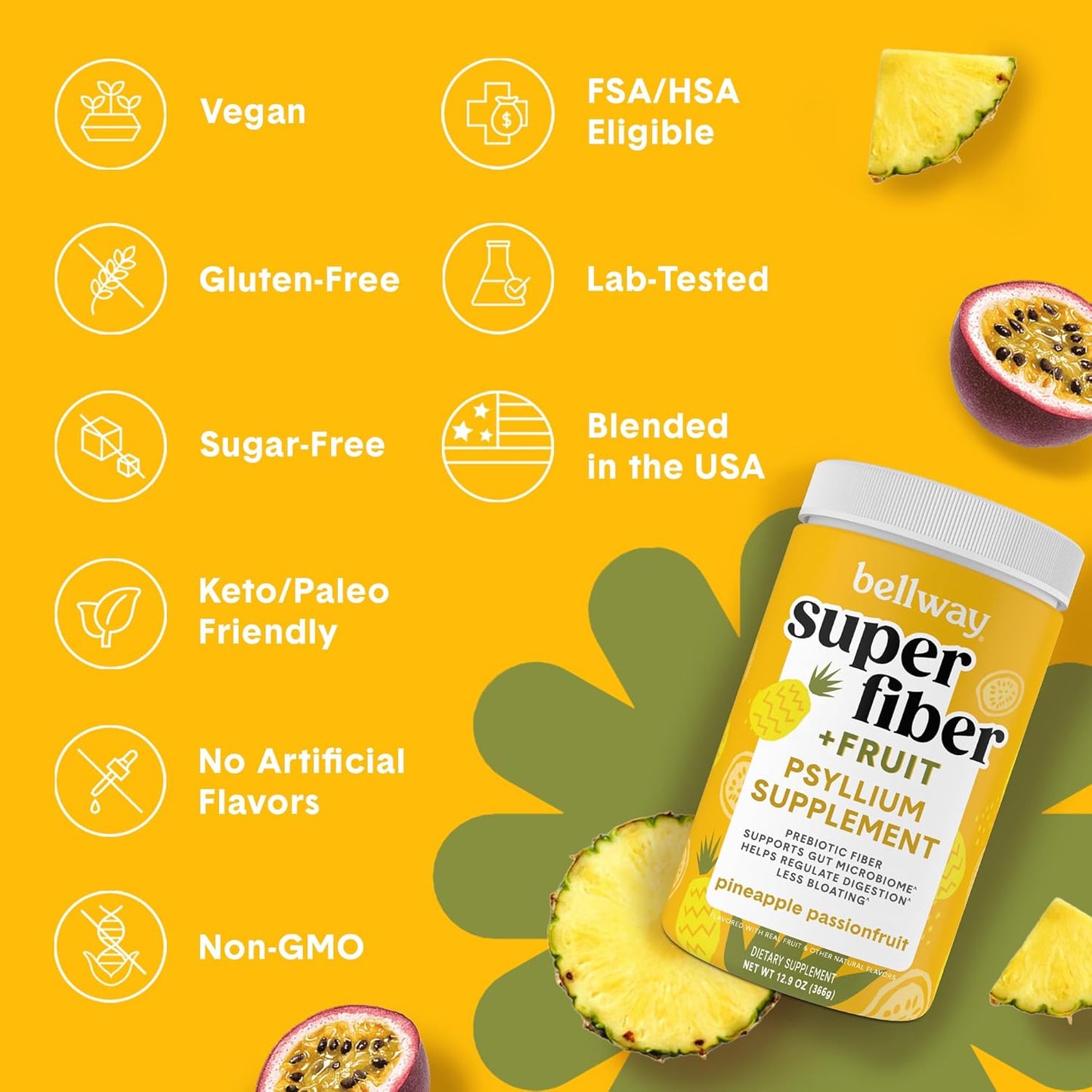 Organic Psyllium Husk Fiber Powder with Fruit Blend (5 Pack) - Plant-Based Supplement for Digestive Health, Regularity & Bloating Relief - Pineapple Passion Fruit Flavor - 250 Servings