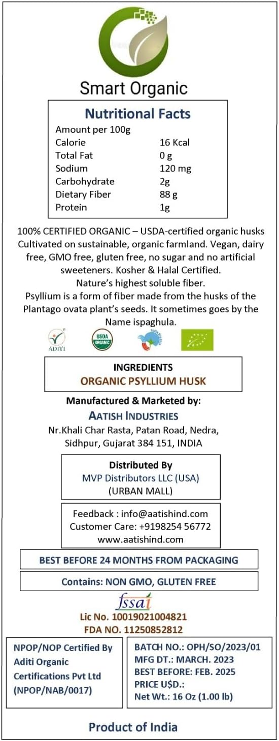 Organic Psyllium Husk: USDA Certified, Keto Friendly, Vegan, Gluten-Free Fiber Source - 16 Ounce