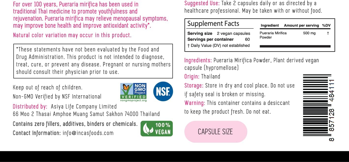 Organic Pueraria Mirifica Root Extract Capsules - Promotes Women's Health - Non GMO Vegan - Thai INCAS Herbal Supplement