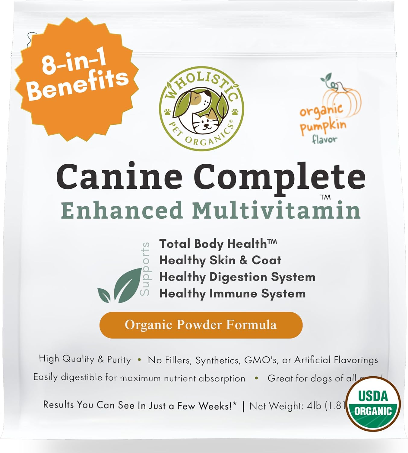 Organic Pumpkin Dog Vitamins & Supplements for Digestive, Skin & Coat Health - 4 Lb - Wholistic Pet Organics Canine Complete