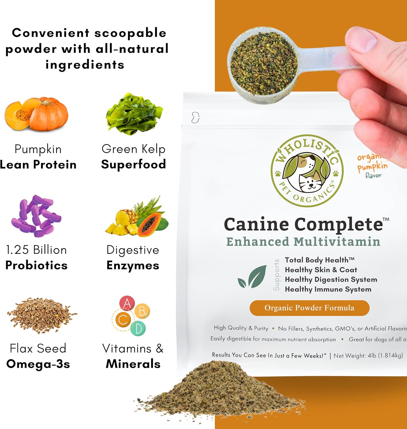 Organic Pumpkin Dog Vitamins & Supplements for Digestive, Skin & Coat Health - 4 Lb - Wholistic Pet Organics Canine Complete
