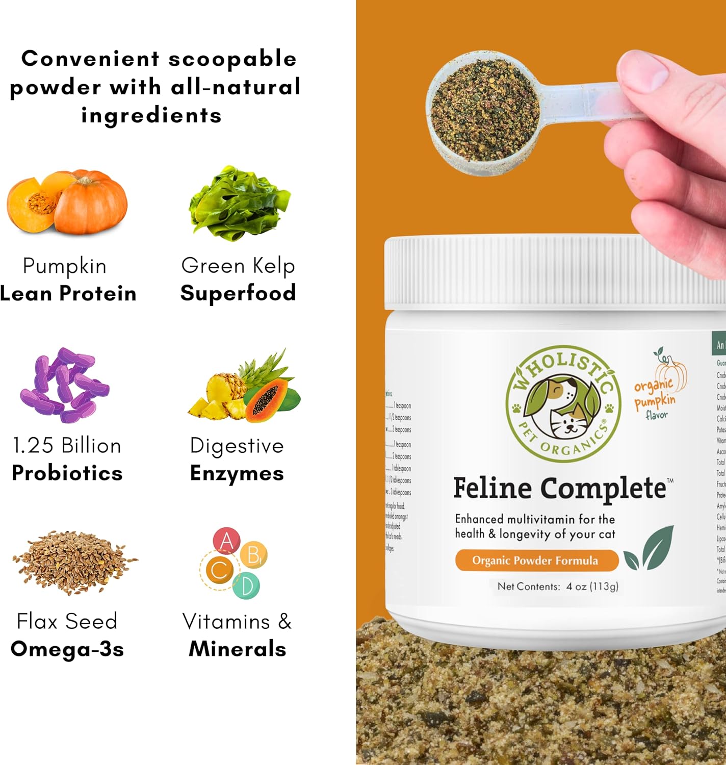 Organic Pumpkin Multivitamin & Probiotic Powder for Cats - 4 Oz - Digestive Support & Natural Cat Food - Wholistic Pet Organics