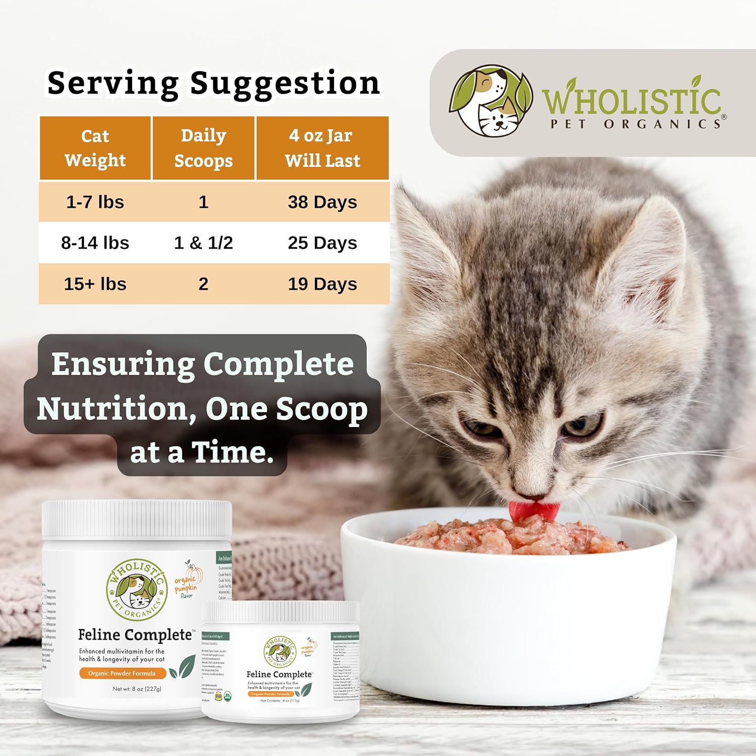 Organic Pumpkin Multivitamin & Probiotic Powder for Cats - 4 Oz - Digestive Support & Natural Cat Food - Wholistic Pet Organics