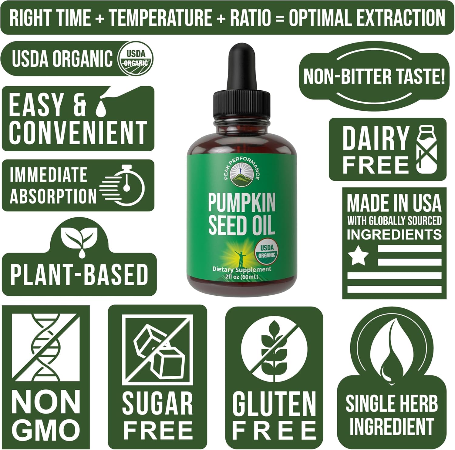 Organic Pumpkin Seed Oil Drops for Hair, Skin, UT, Prostate Support - Vegan Liquid Extract for Peak Performance - Sugar and Gluten Free - Oral Supplement for Men and Women