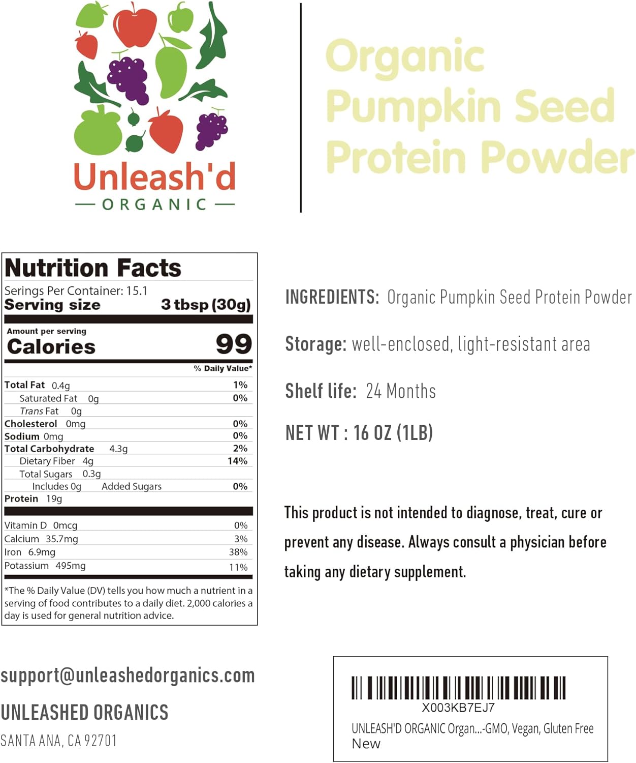 Organic Pumpkin Seed Protein Powder 16 oz - Boosts Immune System, Plant-Based, Non-GMO, Vegan, No Artificial Sweeteners