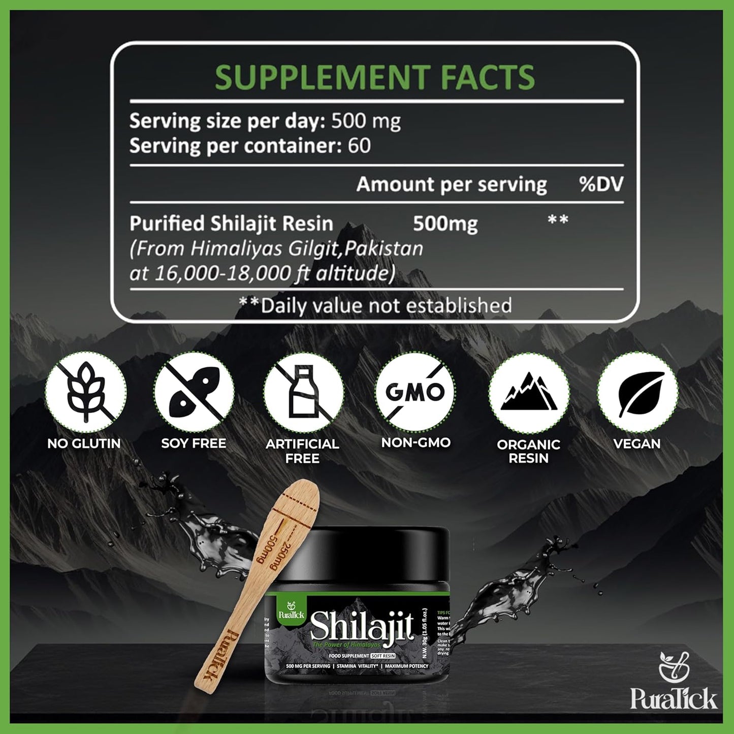 Organic PuraTick Shilajit Resin 30g - Pure Himalayan Supplement with Fulvic Acid & 85+ Minerals - Boost Energy, Immunity, Brain Power - 100% Natural Blend - 30 Grams