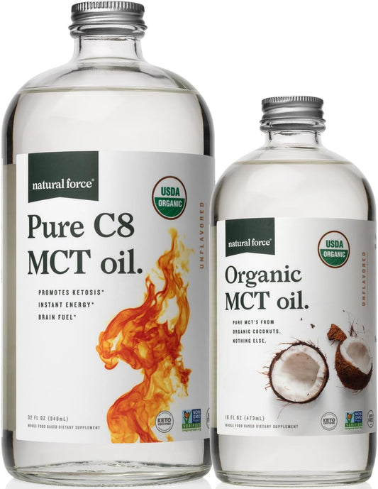 Organic Pure C8 & Full Spectrum MCT Oil - USDA Certified, Non-GMO, 100% Pure Coconut MCTs - Keto, Paleo, Vegan, Kosher - 32 Oz & 16 Oz Glass Bottles