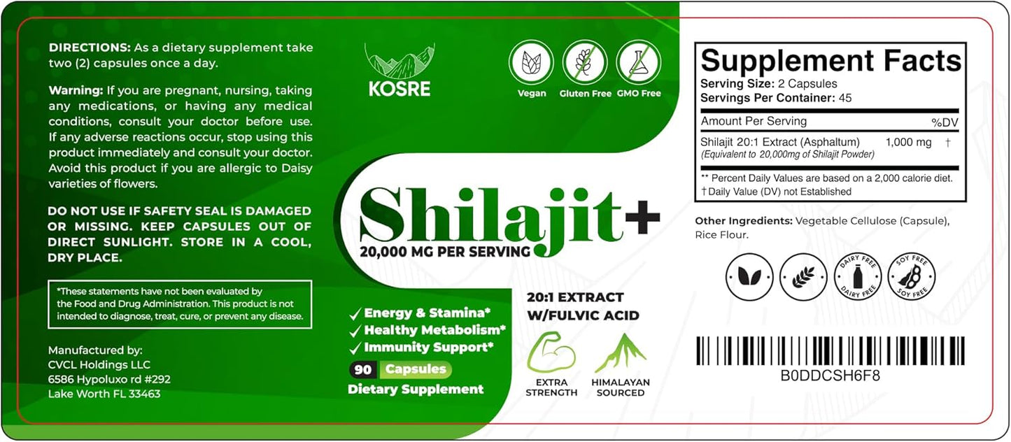 Organic Pure Himalayan Shilajit Capsules 10000mg - 90 Count | Boost Energy & Immune Support | High Potency with Fulvic Acid & Trace Minerals | 3rd Party Tested