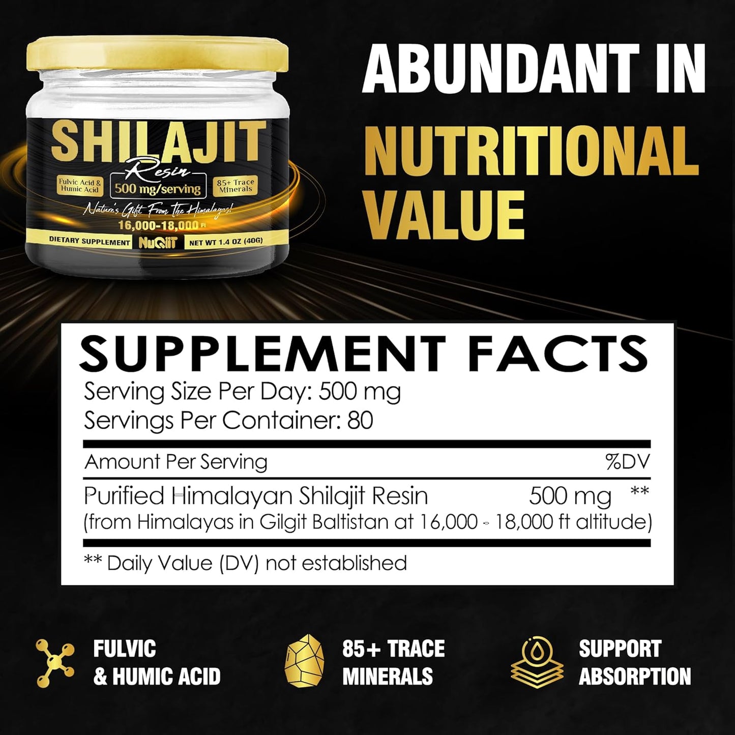 Organic Pure Himalayan Shilajit Resin - 40g for 80 Servings - 500mg with Fulvic Acid & 85+ Minerals - Immune Support & Energy Boost