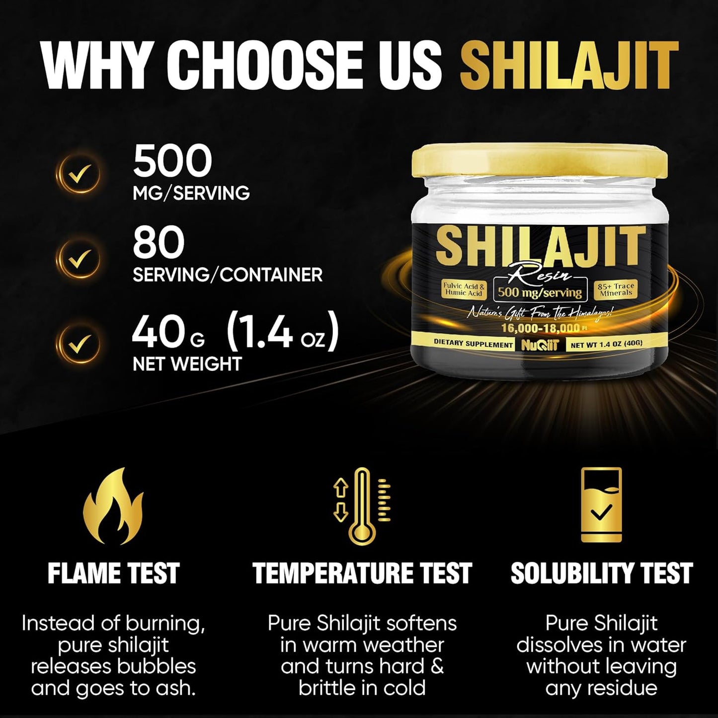 Organic Pure Himalayan Shilajit Resin - 40g for 80 Servings - 500mg with Fulvic Acid & 85+ Minerals - Immune Support & Energy Boost