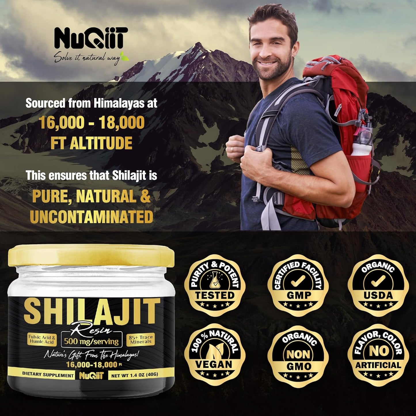 Organic Pure Himalayan Shilajit Resin - 40g for 80 Servings - 500mg with Fulvic Acid & 85+ Minerals - Immune Support & Energy Boost
