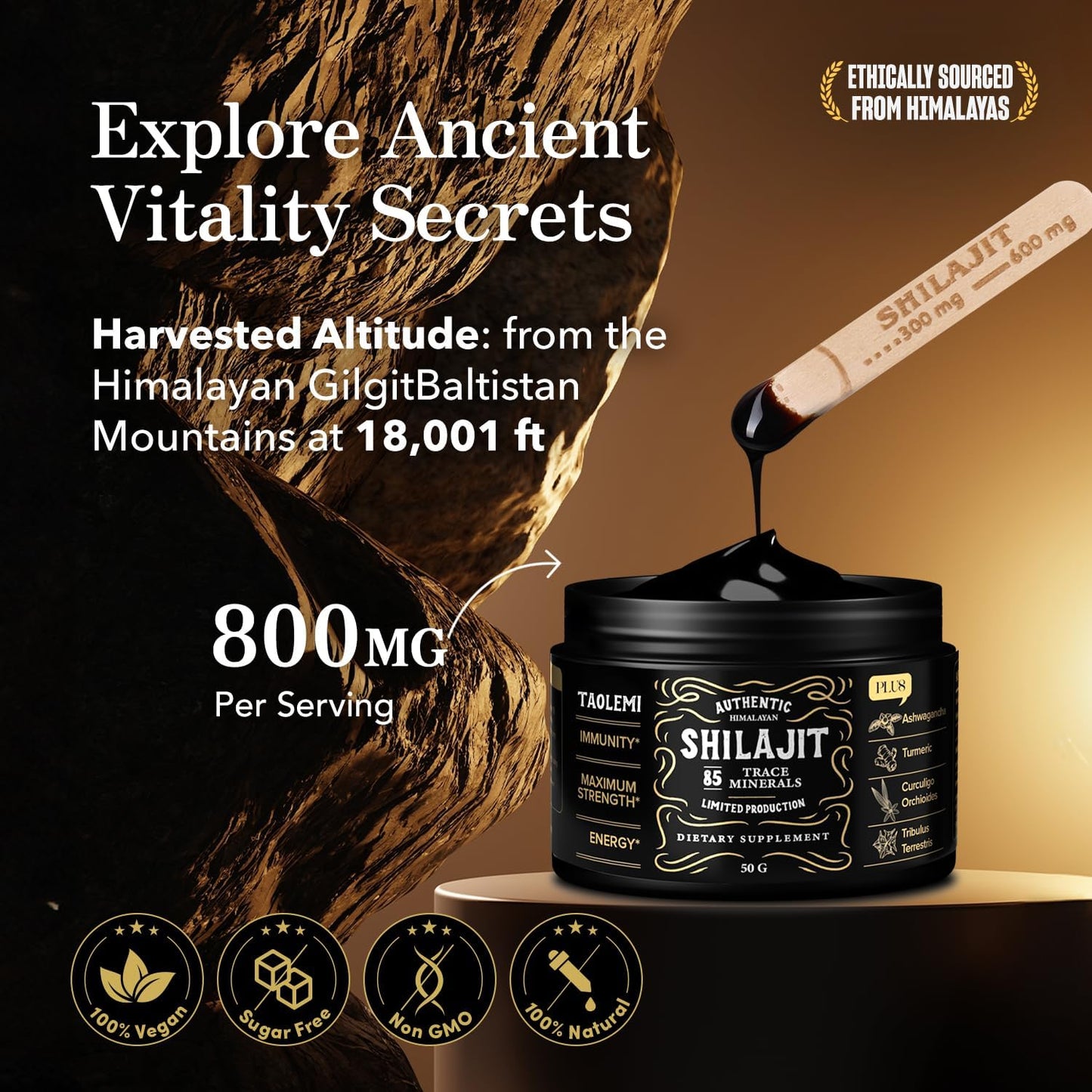Organic Pure Himalayan Shilajit Resin - 85+ Trace Minerals & Fulvic Acid - Energy & Immune Support - Men & Women - Gold Grade - 800MG - 60+ Servings