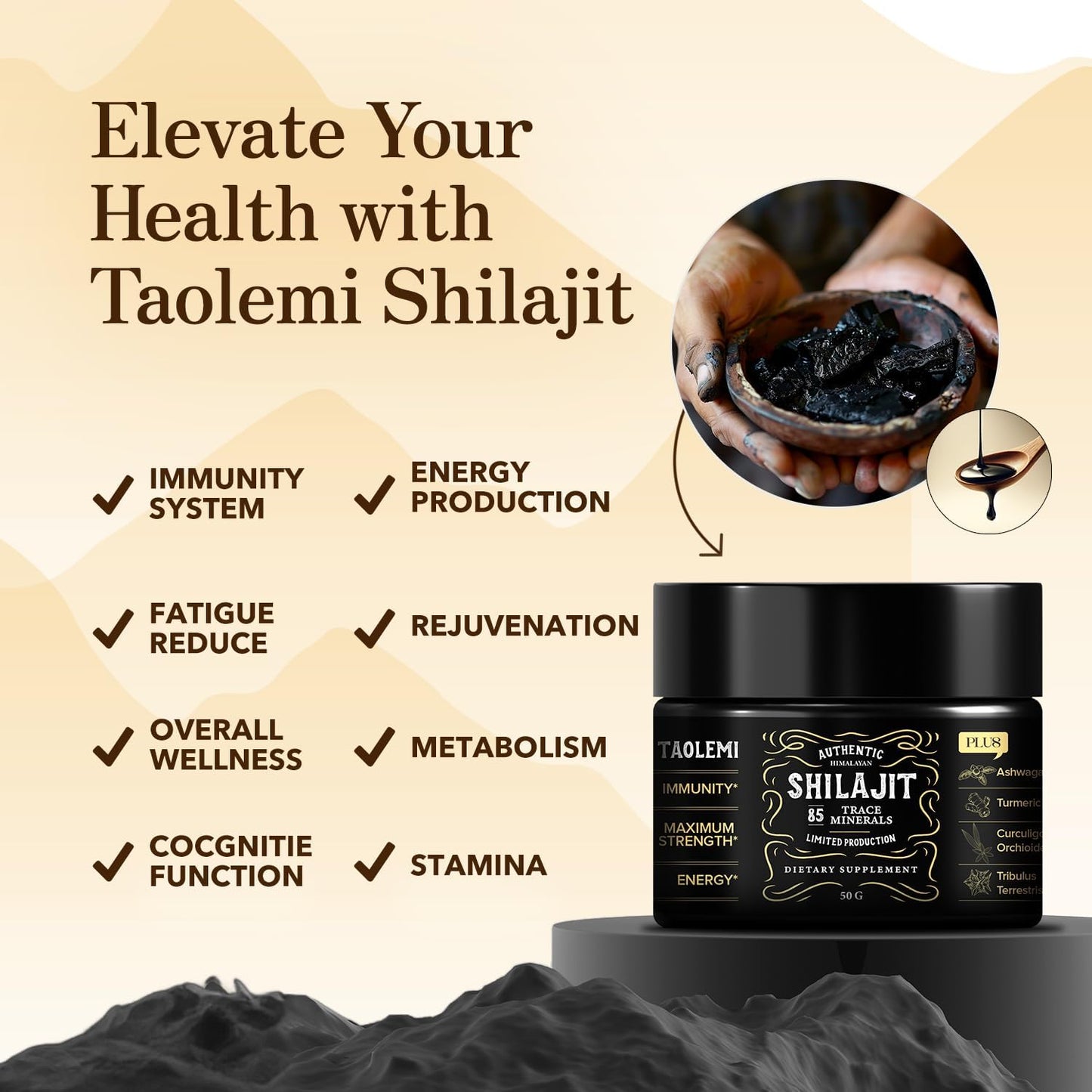 Organic Pure Himalayan Shilajit Resin - 85+ Trace Minerals & Fulvic Acid - Energy & Immune Support - Men & Women - Gold Grade - 800MG - 60+ Servings