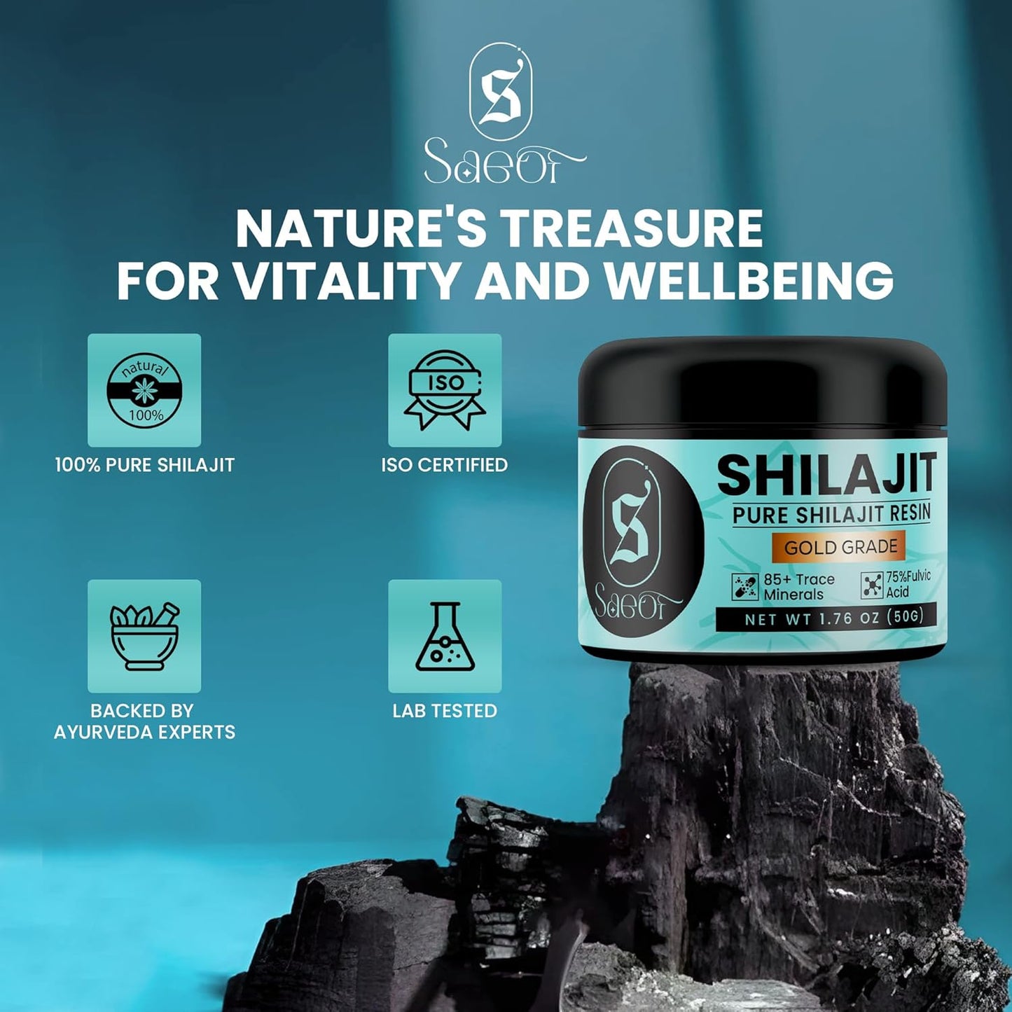 Organic Pure Himalayan Shilajit Resin Gold 50g - 75% Fulvic Acid, 85+ Minerals | Energy Booster & Immune Support for Men & Women