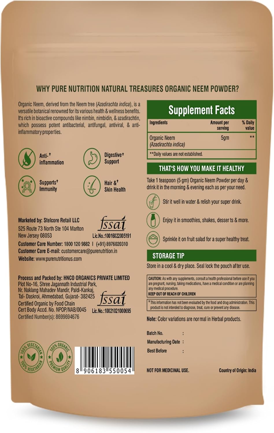 Organic Pure Nutrition Neem Powder - 8 OZ (227g) | USDA Certified Neem Herb for Health, Hair, Skin | Non GMO, Gluten Free