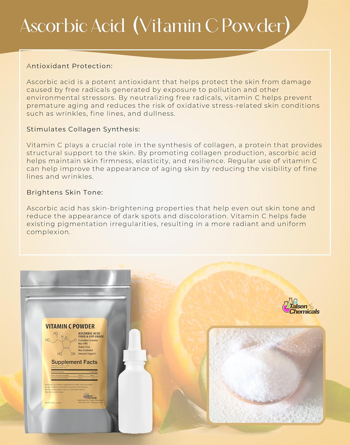 Organic Pure Vitamin C Powder (8 Oz / 226 g) - Powerful Antioxidant for DIY Skin Care