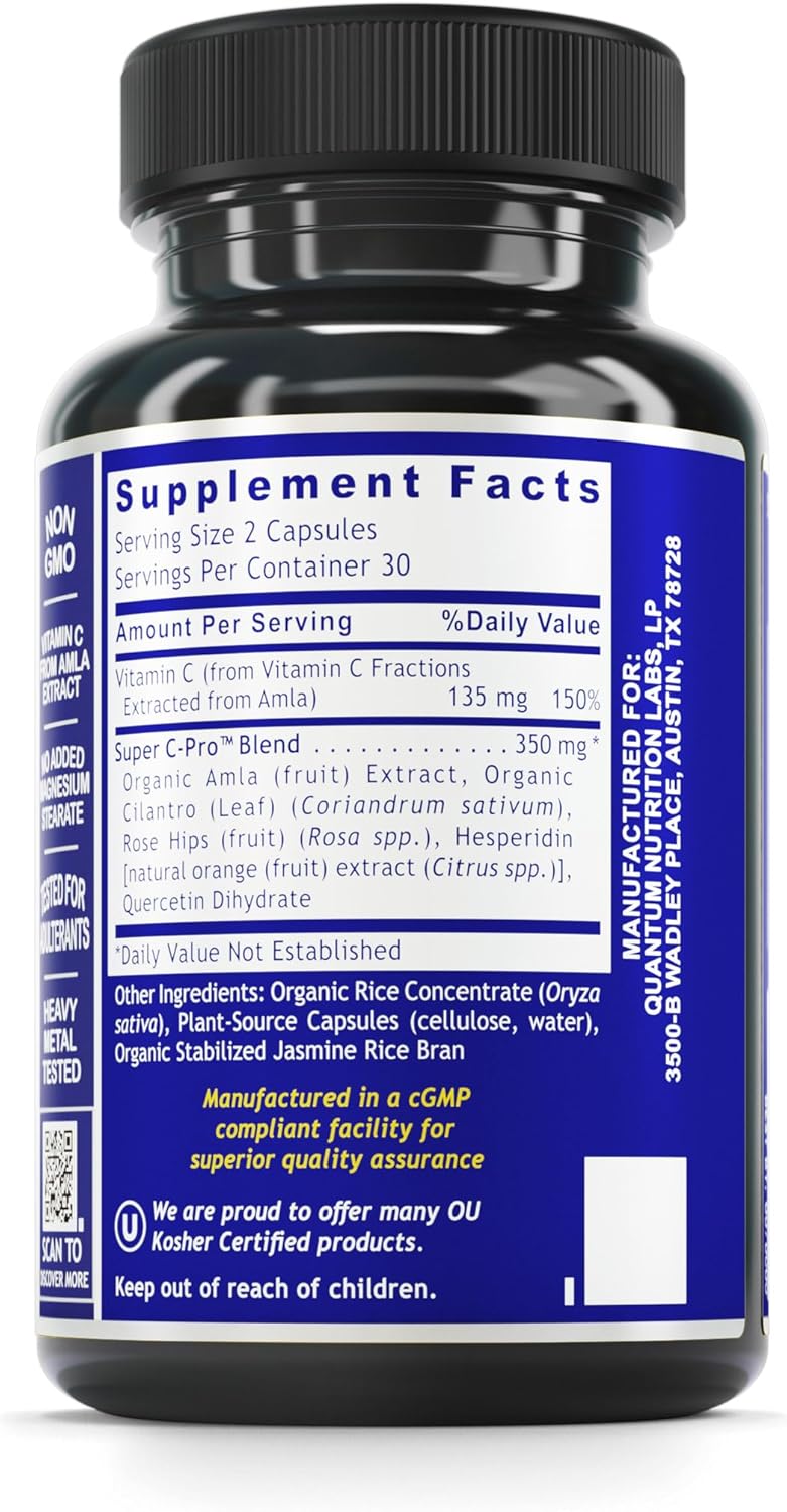 Organic Quantum Vitamin C Supplement with Bioflavonoids and Amla - Immune Support for Women and Men - 60 Vegan Capsules