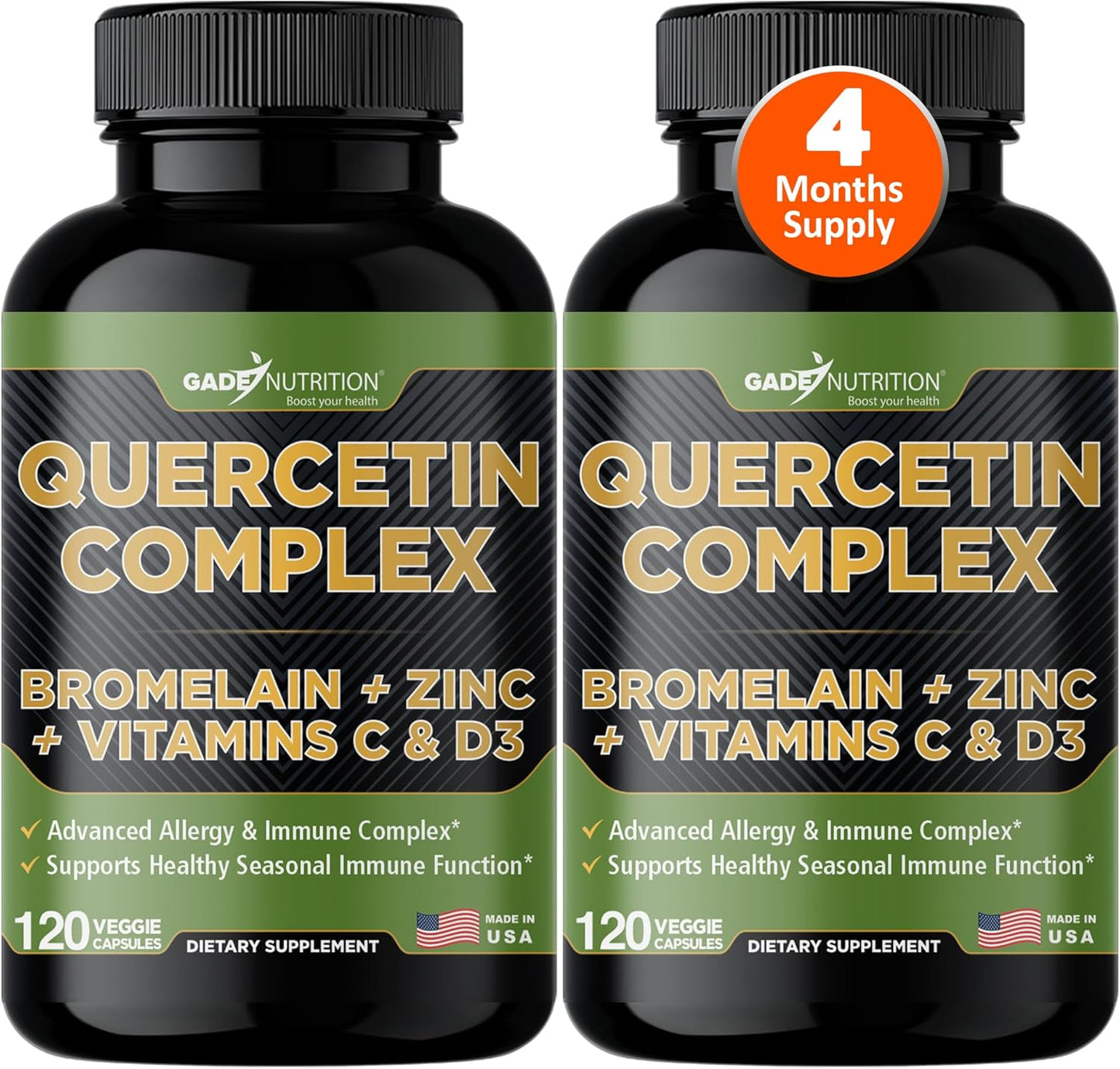 Organic Quercetin with Bromelain, Vitamin C, Zinc | Immune Support Supplement 500mg Capsules | Made in USA, Third Party Tested by Gade Nutrition