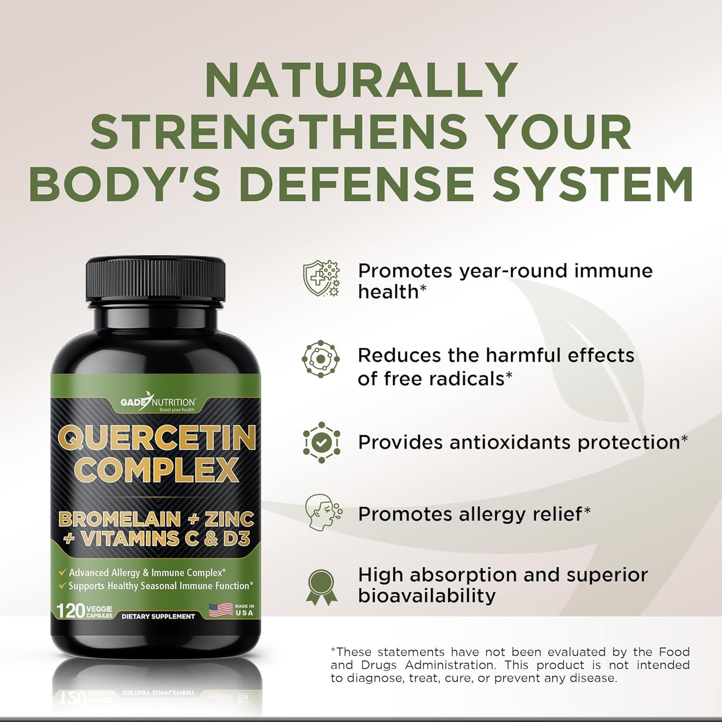 Organic Quercetin with Bromelain, Vitamin C, Zinc | Immune Support Supplement 500mg Capsules | Made in USA, Third Party Tested by Gade Nutrition