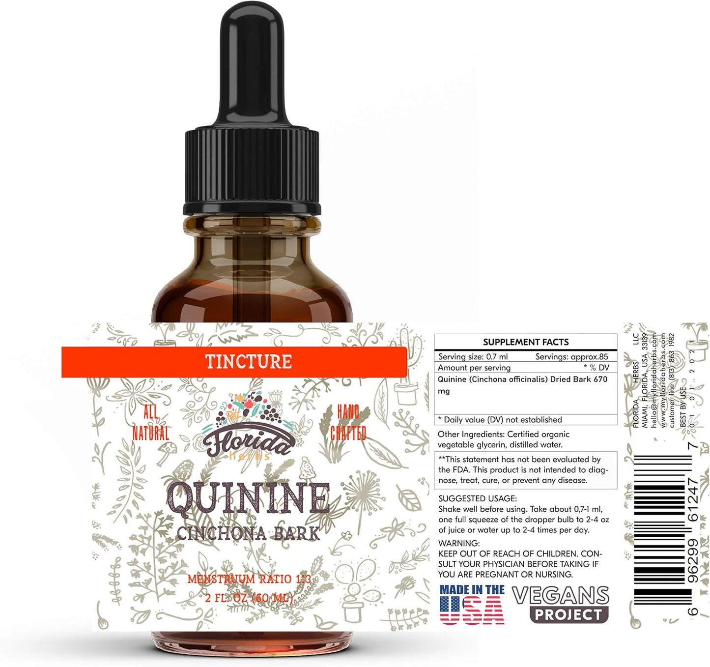 Organic Quinine Tincture Extract - Cinchona officinalis Herbal Supplement - Non GMO, Gluten Free - 670mg (2oz) - Cold-Pressed Vegetable Glycerine