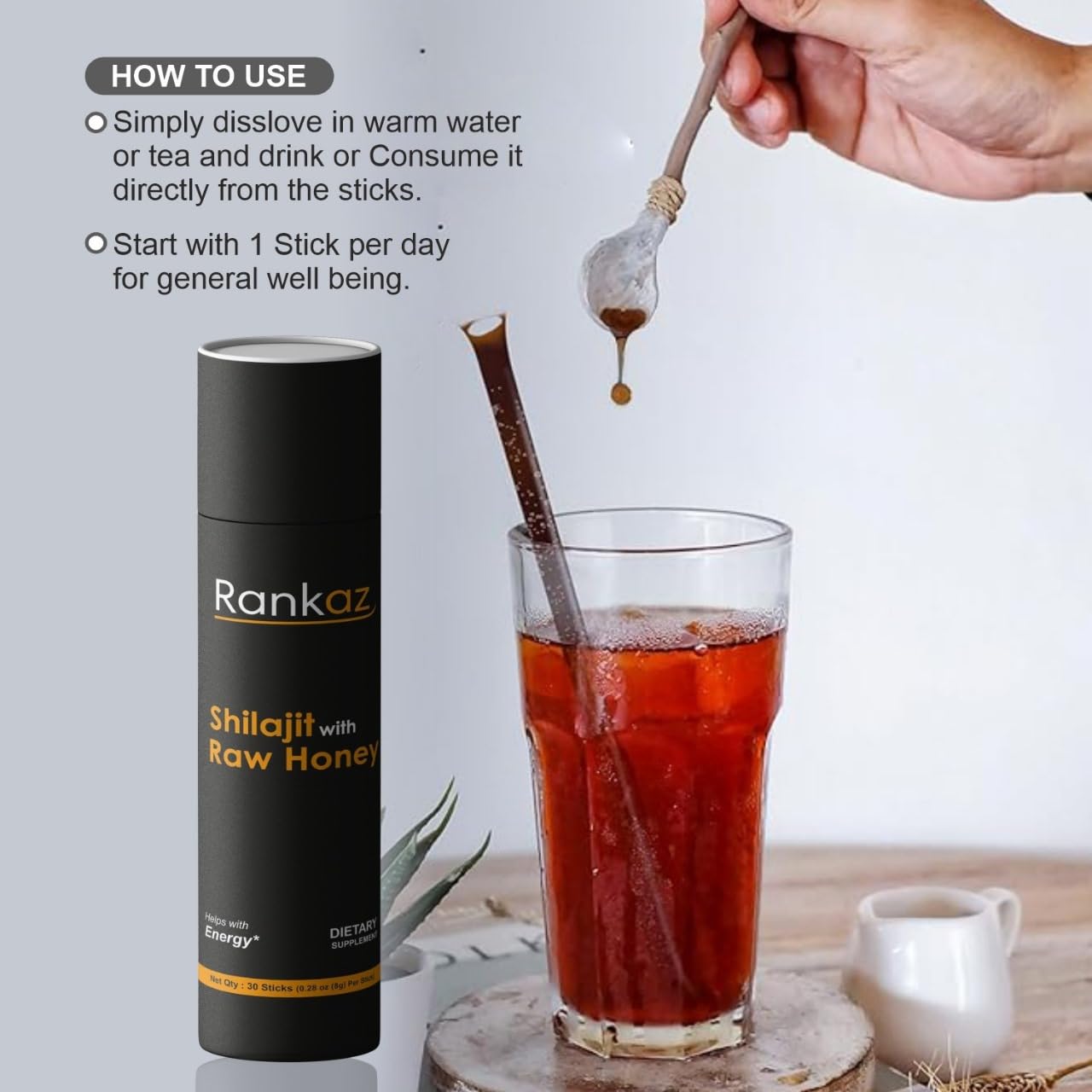 Organic Rankaz Shilajit Honey Sticks with Fulvic Acid and Minerals - 30 Sticks, Natural Shilajit Honey
