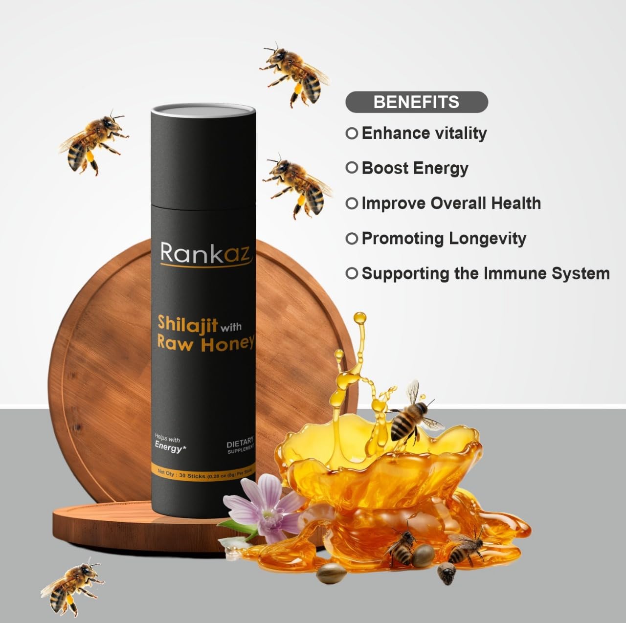 Organic Rankaz Shilajit Honey Sticks with Fulvic Acid and Minerals - 30 Sticks, Natural Shilajit Honey