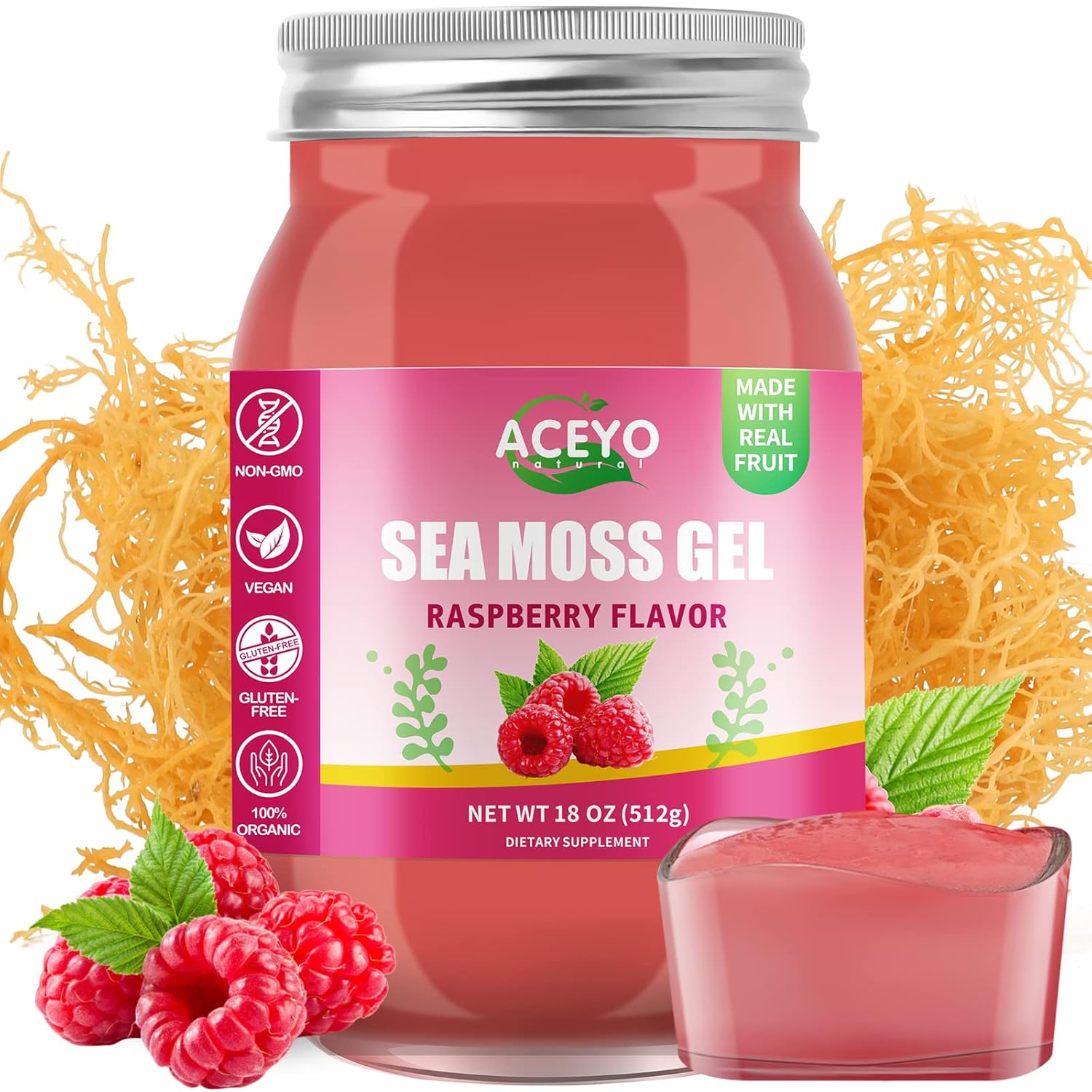 Organic Raspberry Flavored ACEYO Irish Sea Moss Gel (18 oz) - Rich in 102 Vitamins and Minerals for Immune Support, Thyroid Health, and Digestive Aid