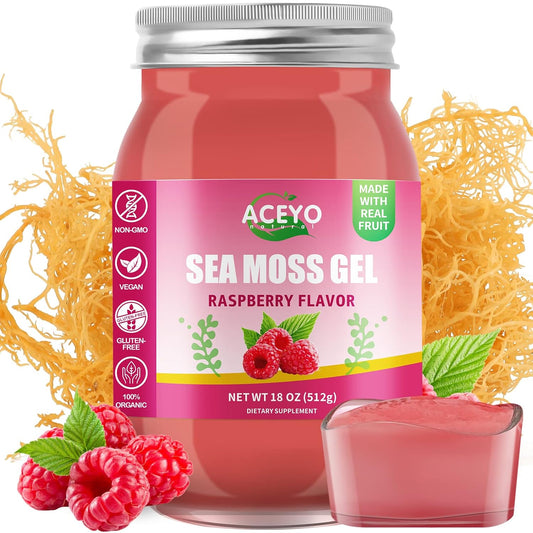 Organic Raspberry Flavored ACEYO Irish Sea Moss Gel (18 oz) - Rich in 102 Vitamins and Minerals for Immune Support, Thyroid Health, and Digestive Aid