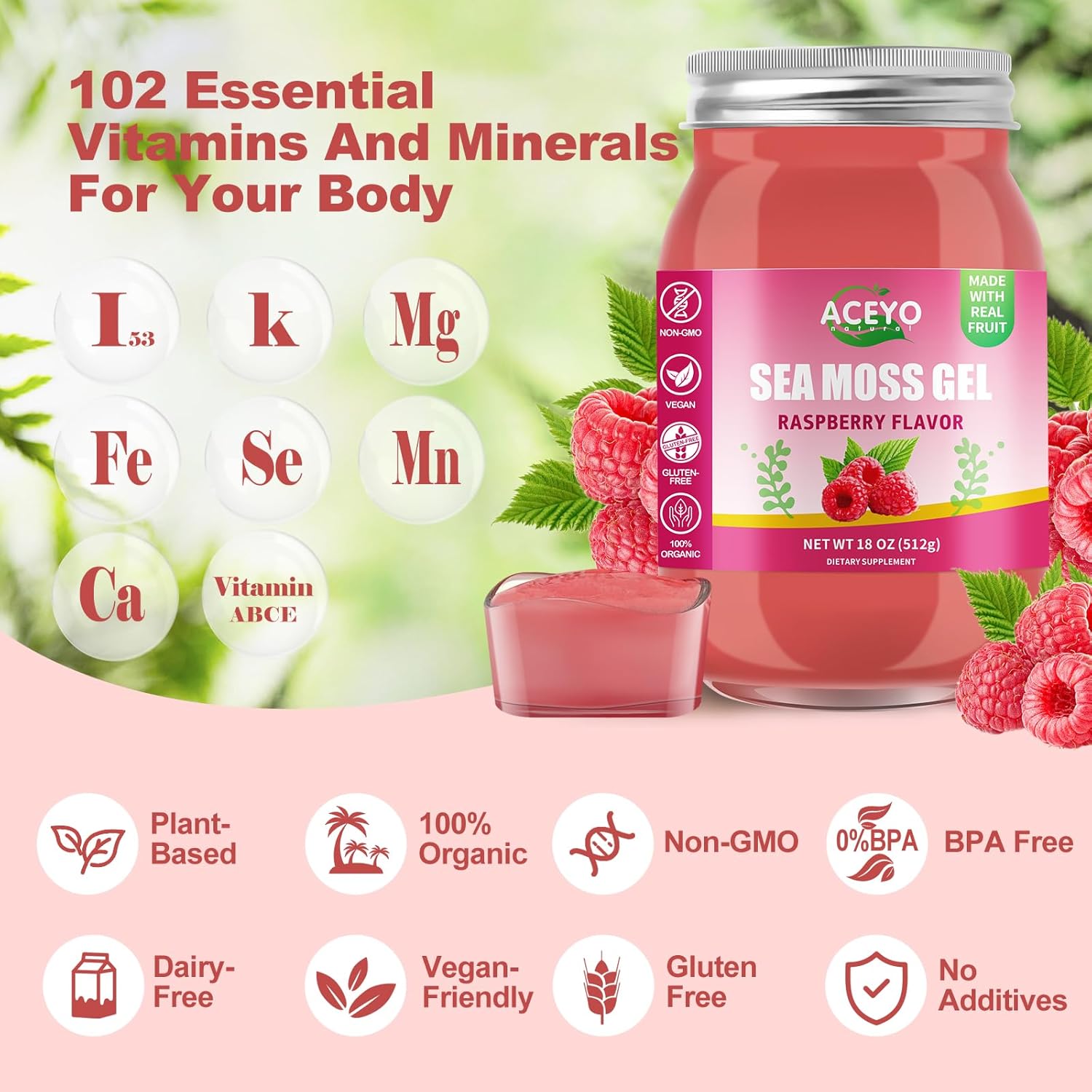 Organic Raspberry Flavored ACEYO Irish Sea Moss Gel (18 oz) - Rich in 102 Vitamins and Minerals for Immune Support, Thyroid Health, and Digestive Aid