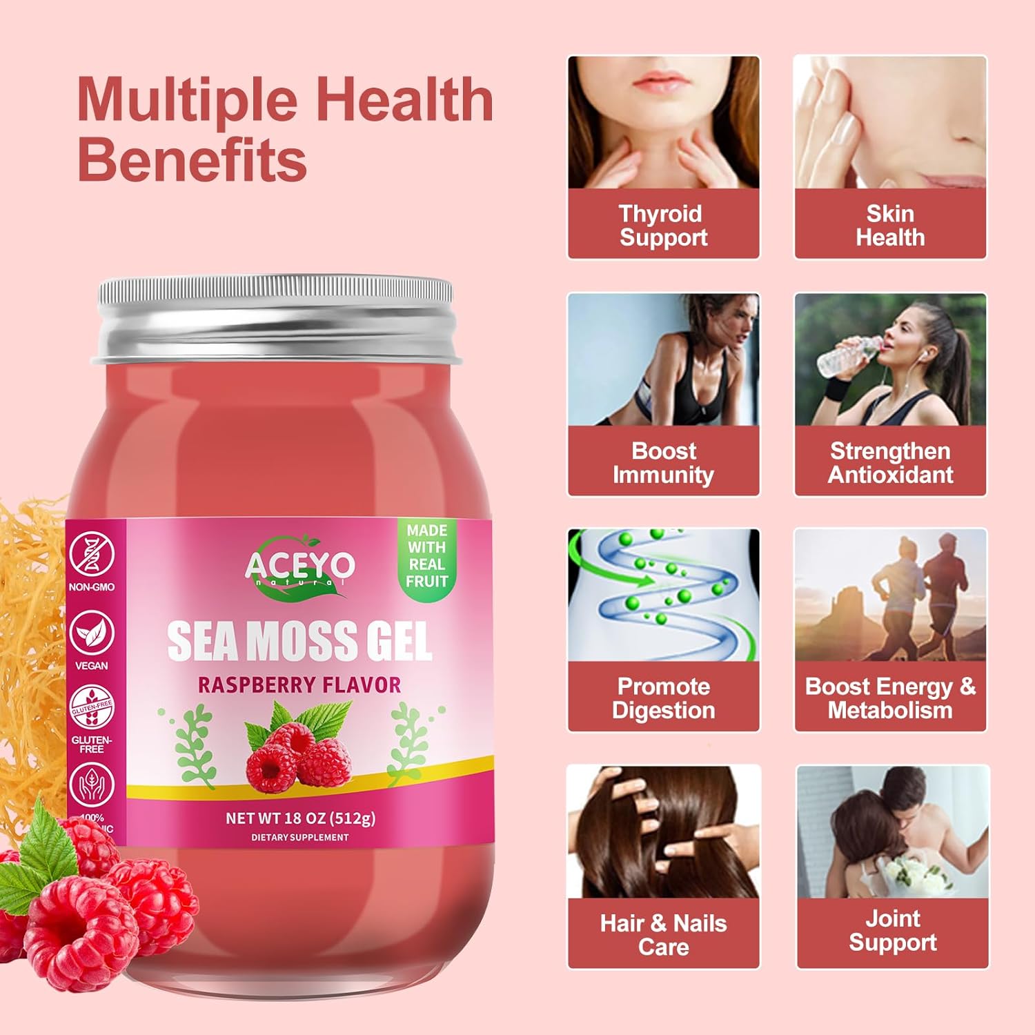 Organic Raspberry Flavored ACEYO Irish Sea Moss Gel (18 oz) - Rich in 102 Vitamins and Minerals for Immune Support, Thyroid Health, and Digestive Aid