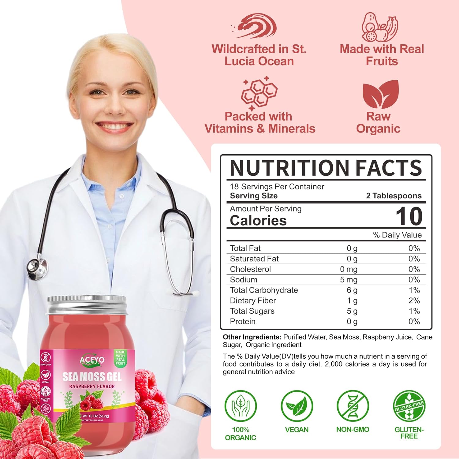 Organic Raspberry Flavored ACEYO Irish Sea Moss Gel (18 oz) - Rich in 102 Vitamins and Minerals for Immune Support, Thyroid Health, and Digestive Aid